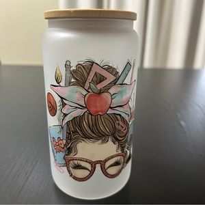 Frosted Can Shaped Glass Cup with Bamboo Lid and plastic Straw BPA-Free .16
OZ